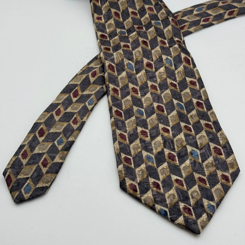 Stafford Mens Silk Tie Geometric Diamond‎ Pattern Grey Gold Made in Italy